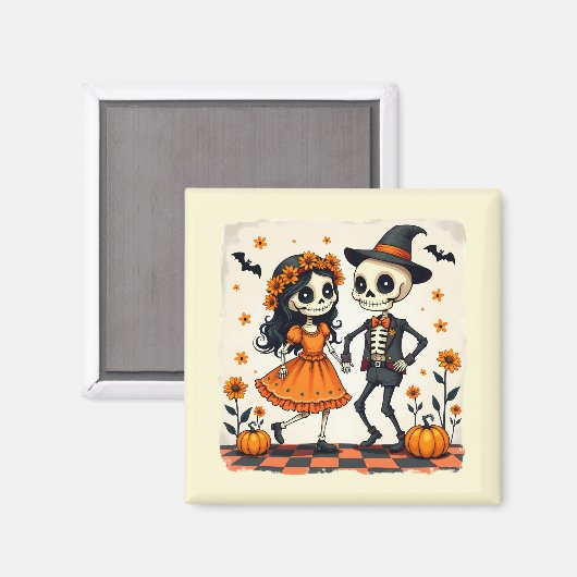 Schattige Halloween Skeleton Paar in Sinaasappel Magneet (Voorkant / Achterkant)
