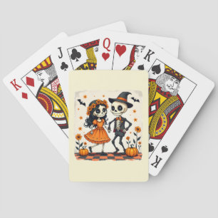Schattige Halloween Skeleton Paar in Sinaasappel Pokerkaarten