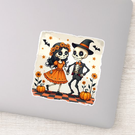 Schattige Halloween Skeleton Paar in Sinaasappel Sticker (Detail)
