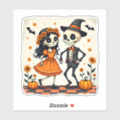 Schattige Halloween Skeleton Paar in Sinaasappel Sticker (Vel)
