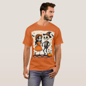 Schattige Halloween Skeleton Paar in Sinaasappel T-shirt (Voorkant volledig)