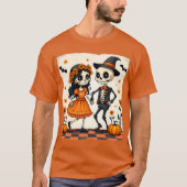 Schattige Halloween Skeleton Paar in Sinaasappel T-shirt (Voorkant)