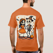Schattige Halloween Skeleton Paar in Sinaasappel T-shirt (Achterkant)