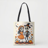 Schattige Halloween Skeleton Paar in Sinaasappel Tote Bag (Voorkant)
