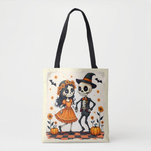 Schattige Halloween Skeleton Paar in Sinaasappel Tote Bag (Voorkant)
