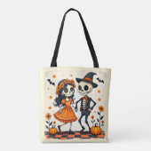 Schattige Halloween Skeleton Paar in Sinaasappel Tote Bag (Achterkant)