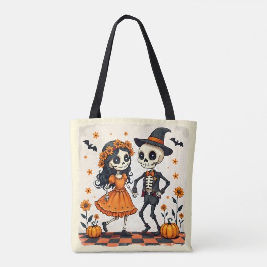 Schattige Halloween Skeleton Paar in Sinaasappel Tote Bag (Achterkant)