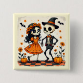 Schattige Halloween Skeleton Paar in Sinaasappel Vierkante Button 5,1 Cm (Voorkant)