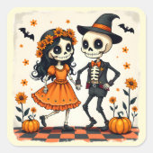 Schattige Halloween Skeleton Paar in Sinaasappel Vierkante Sticker (Voorkant)