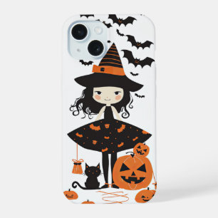 Schattige Halloween Spelonkende heks Zwarte Kat Vl iPhone 15 Case
