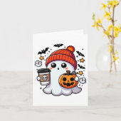 Schattige Halloween spook met pompoen en koffie Kaart (Gele Bloem)