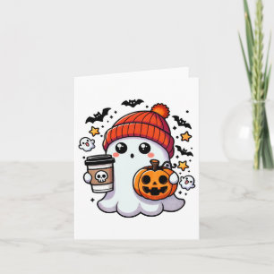 Schattige Halloween spook met pompoen en koffie Kaart