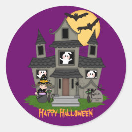 Schattige Halloween spookhuis & kleine heks Ronde Sticker