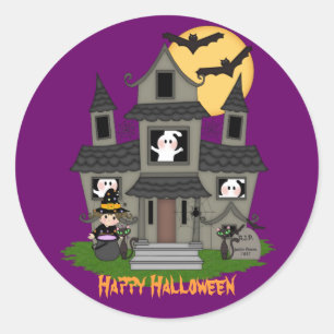 Schattige Halloween spookhuis & kleine heks Ronde Sticker