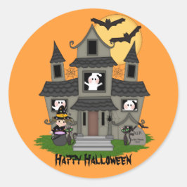 Schattige Halloween spookhuis & kleine heks Ronde Sticker