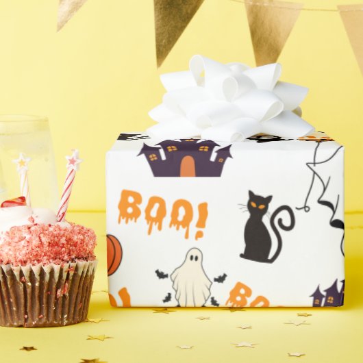 Schattige Halloween spookpatroon – Spooky Black Ca Cadeaupapier (Verjaardagsfeest)