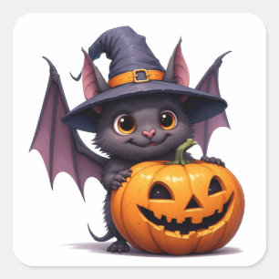 Schattige Halloween-vleermuis met pompoen heksenhu Vierkante Sticker