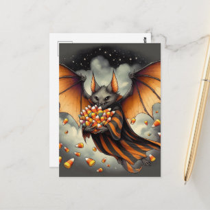 Schattige Halloween-vleermuis met snoep Briefkaart