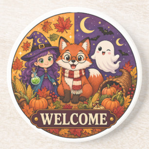 Schattige Halloween Vos Heks Geest Herfst Autumn W Zandsteen Onderzetter