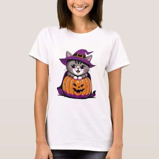 Schattige Halloween Witch Cat T-shirt (Voorkant)