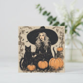 Schattige  Halloween Witch met Black Cat Kaart (Staand voorkant)