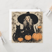 Schattige  Halloween Witch met Black Cat Kaart (Voorkant / Achterkant in situ)