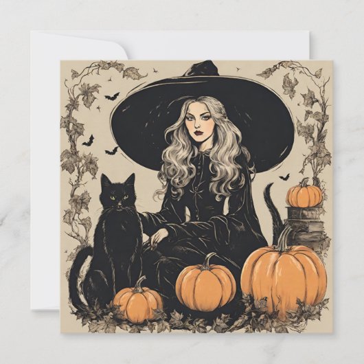 Schattige  Halloween Witch met Black Cat Kaart (Voorkant)