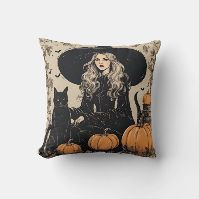 Schattige  Halloween Witch met Black Cat Kussen (Voorkant)