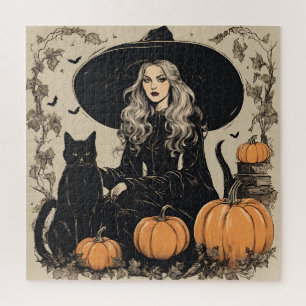 Schattige  Halloween Witch met Black Cat Legpuzzel