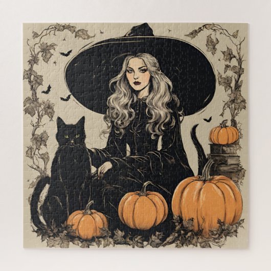 Schattige Halloween Witch met Black Cat Legpuzzel (Verticaal)
