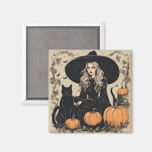 Schattige  Halloween Witch met Black Cat Magneet (Voorkant / Achterkant)