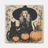Schattige  Halloween Witch met Black Cat Magneet (Voorkant)