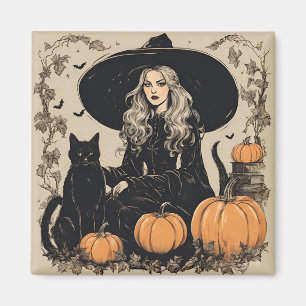 Schattige Halloween Witch met Black Cat Magneet