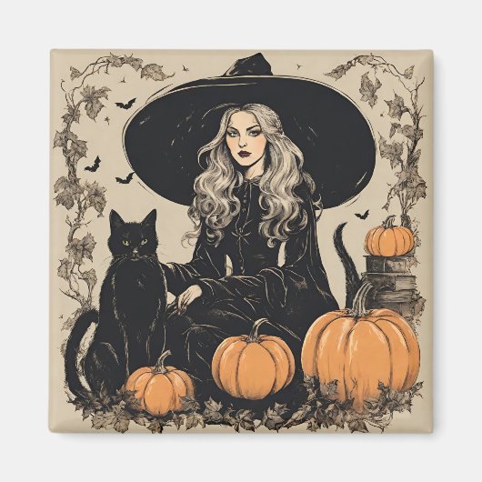 Schattige  Halloween Witch met Black Cat Magneet (Voorkant)