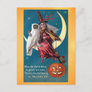 Schattige  Halloween Witch Owl Victoriaans gedicht Briefkaart