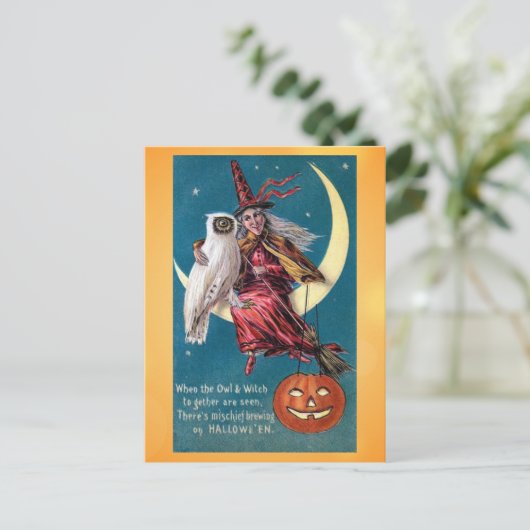 Schattige  Halloween Witch Owl Victoriaans gedicht Briefkaart (Staand voorkant)