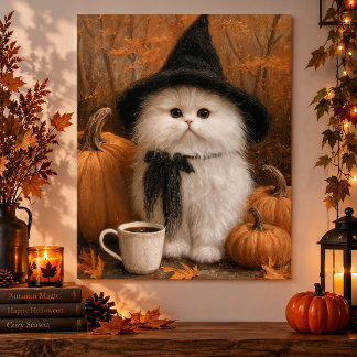 Schattige Halloween Witte Kat Heks met Koffiekop Poster