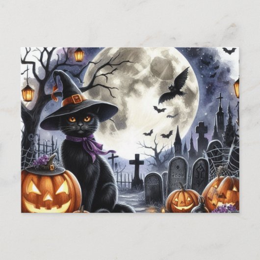 Schattige Halloween Zwarte Kat Ansichtkaart Briefkaart (Voorkant)