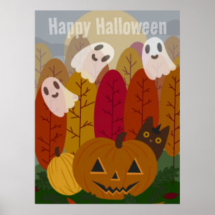 Schattige Halloween Zwarte Kat en Geesten Herfst P Poster
