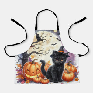 Schattige Halloween Zwarte Kat en Pompoenen  Schort