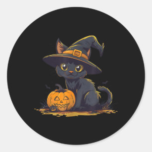 Schattige Halloween Zwarte Kat Heks Hoed Pompoen Ronde Sticker
