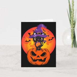 Schattige Halloween Zwarte Kat Heks Hoed Pompoen V Kaart