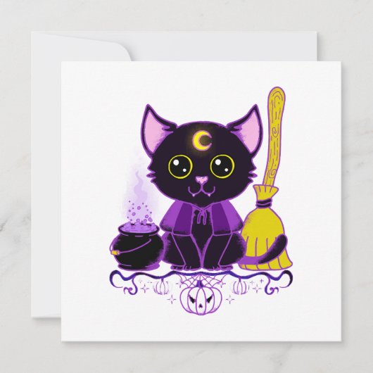 Schattige Halloween Zwarte Kat Heks Kaart (Voorkant)