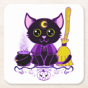 Schattige Halloween Zwarte Kat Heks Kartonnen Onderzetters