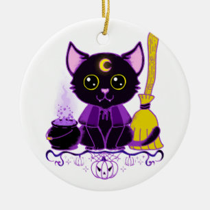 Schattige Halloween Zwarte Kat Heks Keramisch Ornament
