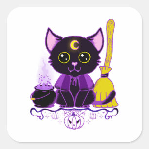 Schattige Halloween Zwarte Kat Heks Vierkante Sticker
