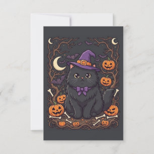 Schattige Halloween Zwarte Kat Heksenhoed Pompoene Bedankkaart
