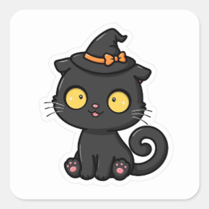 Schattige Halloween Zwarte Kat Heksenhoed Vierkante Sticker