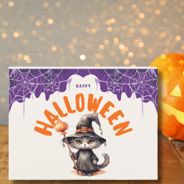 Schattige Halloween Zwarte Kat in Heksenhoed Feestdagenkaart
