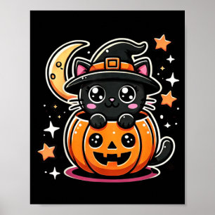 Schattige Halloween Zwarte Kat In Pompoen Met Heks Poster